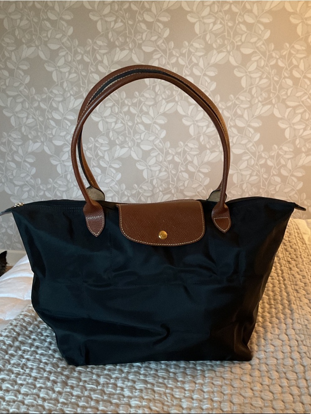Longchamp Black Tote with Brown Leather Trim - size Large